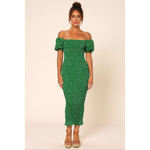 Shein Dresses & Skirts - Womens M Green dainty White floral Midi Bodycon Smocked dress Cottagecore